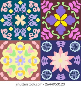 Vibrant digital pastel Rangoli pattern with a symmetrical artwork, geometric design reminiscent of Paint art.Festive backgrounds, cultural decorations, and celebrations.