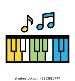 A vibrant digital piano keyboard featuring multi colored keys and floating musical notes. This creative musical symbol represents learning, melody, and harmony.