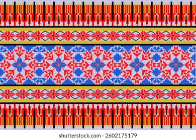 A vibrant digital reinterpretation of traditional Thai textiles, featuring bold geometric patterns and rich cultural motifs in red and blue. Cultural heritage, ethnic patterns, textiles inspired art.