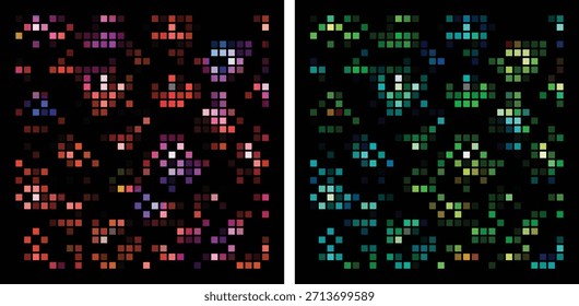 Tapiz digital vibrante de luces pixeladas rojas cálidas y verdes frescas sobre un fondo oscuro