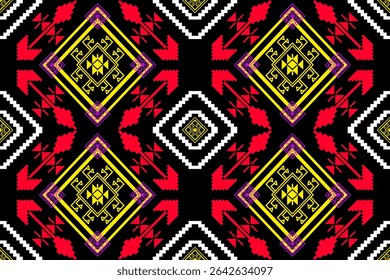 A vibrant digital textile design inspired by traditional Phrae Wa weaving from Thailand, created in modern pixel art style. Features symmetrical geometric patterns in red, yellow, white, and purple on