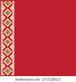 Design têxtil digital vibrante mostrando padrões geométricos tradicionais. Os motivos incluem losangos repetidos e formas entrelaçadas em vermelho, amarelo, ouro e branco, definidos contra planos de fundo de cores sólidas.