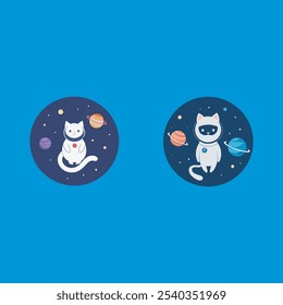 A vibrant digital vector design featuring a space-traveling cat surrounded by planets, stars, and galaxies, perfect for playful, cosmic-themed illustrations or digital products.