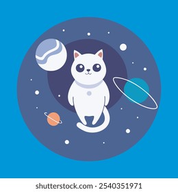 A vibrant digital vector design featuring a space-traveling cat surrounded by planets, stars, and galaxies, perfect for playful, cosmic-themed illustrations or digital products.