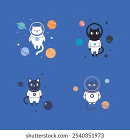 A vibrant digital vector design featuring a space-traveling cat surrounded by planets, stars, and galaxies, perfect for playful, cosmic-themed illustrations or digital products.