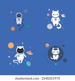 A vibrant digital vector design featuring a space-traveling cat surrounded by planets, stars, and galaxies, perfect for playful, cosmic-themed illustrations or digital products.