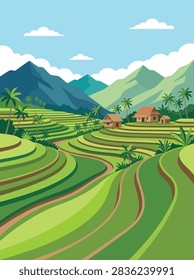 A vibrant digital vector illustration of lush green rice terraces nestled among mountains with small traditional huts under a clear blue sky.