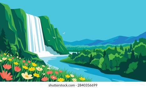 A vibrant digital vector illustration of a scenic waterfall cascading into a winding river surrounded by lush green forests and colorful wildflowers.