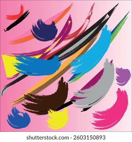 A vibrant and dinamyc abstract image featuring multicolored brushstrokes on a pink background. Perfect for use in design projects, covers, prints, and background decorations. 
