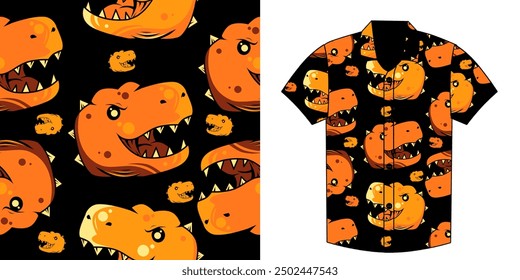 Vibrant Dino Heads on Black Bold and Fun T-Rex Cartoon Print for Hawaiian Shirt Design