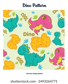 Vibrant Dino Pattern with Pink, Orange, and Teal Dinosaurs on a Light Background Featuring 'Cool' and 'Dino