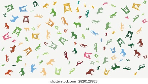 Vibrant dinosaur and chair illustrations in various colors forming a playful pattern suitable for children entertainment or educational space design