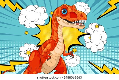 A vibrant dinosaur in a comic-style scene