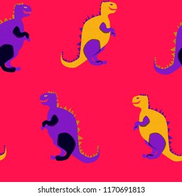Vibrant dinosaurs on the red background create a fun cartoon drawing. 