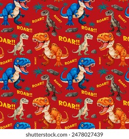 Vibrant dinosaurs with 'Roar' text on red background