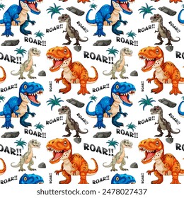 Vibrant dinosaurs with 'Roar' text and palm trees