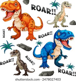 Vibrant dinosaurs with text 'ROAR!!' and palm trees