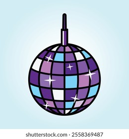 A vibrant disco ball illustration perfect for party invitations or event promotions.  Its shiny surface and bright colors evoke feelings of fun and celebration.