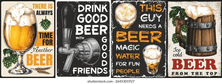 A vibrant display of beer-related art featuring mugs of beer a tap and fun phrases about enjoying good beer with friends. Perfect decor for beer enthusiasts and home bars.
