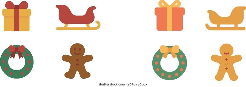 Uma exibição vibrante de ícones com temas natalinos mostra presentes, um homem de gengibre, coroas festivas e um trenó, todos colocados contra um fundo claro.