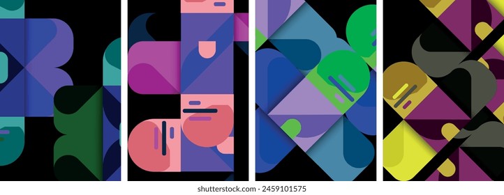 A vibrant display of colorful geometric patterns featuring shades of purple, magenta, and violet on a black background. Symmetrical rectangles and triangles create a visually striking piece of art