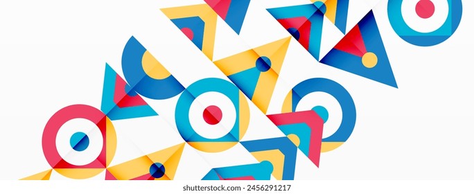 A vibrant display of colorful triangles and circles in electric blue on a white background, showcasing symmetry and creative arts in a patterned art piece