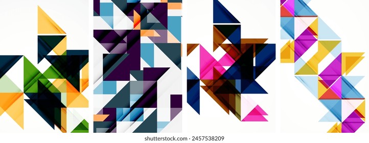 Eine lebendige Darstellung von bunten Dreiecken, Rechtecken und Mustern in Violett-, Magenta- und Violetttönen auf weißem Hintergrund. Ein kreatives Kunstwerk, das Symmetrie und kreative Künste zeigt