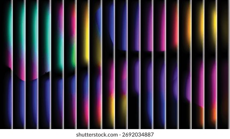 A vibrant display of colorful vertical bars with a dynamic gradient effect, creating an abstract and energetic light pattern.