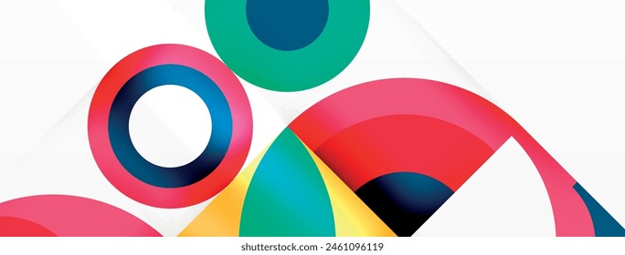 A vibrant display of colorfulness and art created with circles and triangles on a white background. The mix of tints and shades forms a playful pattern of shapes like rectangles and circles