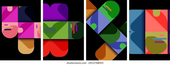 A vibrant display of colorfulness in geometric shapes on a black background. Rectangles, triangles, and patterns in shades of violet and electric blue create a symmetrical and artistic composition