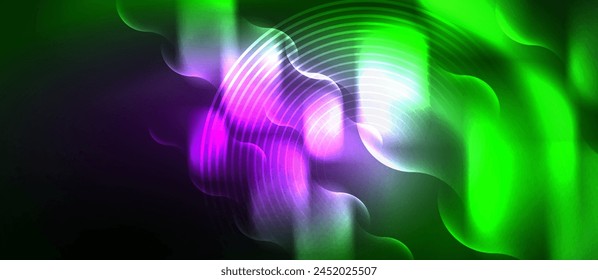 A vibrant display of colorfulness with a green and purple glowing wave on a black background. The electric blue and magenta hues create a mesmerizing art pattern