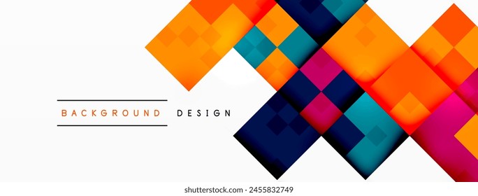 Una exhibición vibrante de colorido con rectángulos, triángulos y patrones sobre un fondo blanco. Con tonos y sombras magenta, diseño simétrico y fuentes de artes creativas