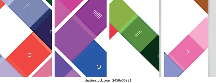 A vibrant display of colorfulness with rectangles and triangles in shades of purple, violet, and magenta on a white background. A true art in font and flooring design
