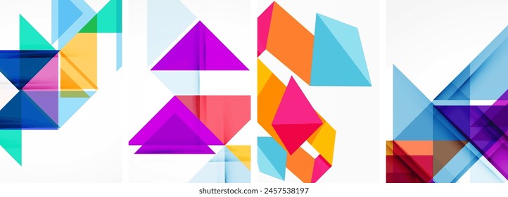 A vibrant display of colorfulness with triangles in shades of purple, pink, violet, aqua, and magenta, creating a symmetrical art piece on a white background