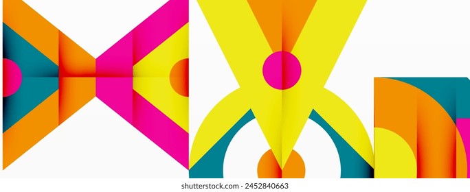 A vibrant display of creative arts with colorful geometric shapes resembling petals and flowers, showcasing symmetry, patterns, and a mix of tints and shades on a white background