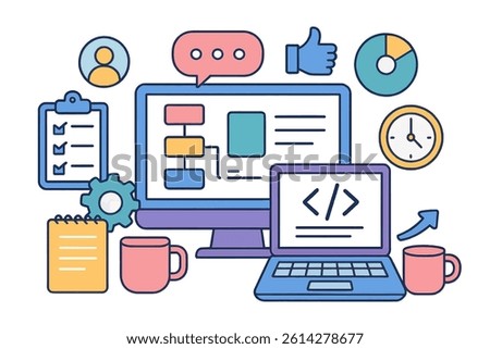 A vibrant display of digital workspace components showcasing productivity tools and interactions, featuring simple and customizable flat illustrations suitable for low code development