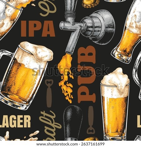 A vibrant display featuring different types of beer including lagers and IPAs alongside various serving styles and pub elements. This collection highlights the diversity of beers available.