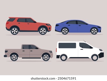 A vibrant display featuring four unique vehicles in varying colors, showcasing their shapes and styles