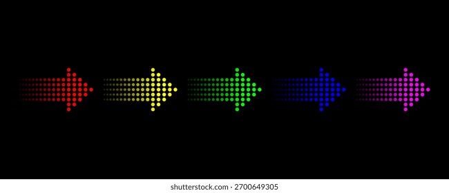 Uma exibição vibrante de cinco setas distintas, cada uma iluminada em uma cor diferente, apresentada em uma silhueta impressionante contra um fundo escuro.
