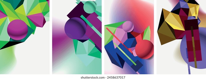 A vibrant display of geometric shapes in shades of purple, magenta, and electric blue on a clean white background. This artful collage is a visual feast for any event in the realm of visual arts