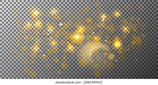 A vibrant display of golden sparkles and lights floats against a transparent background, creating a whimsical and enchanting visual effect, perfect for design use.