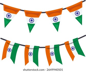 A vibrant display of Indian national flags in a decorative bunting style for celebrations.