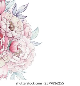 A vibrant display of peonies in soft pinks and greens, artistically captured in delicate watercolor, exuding charm and tranquility template, background