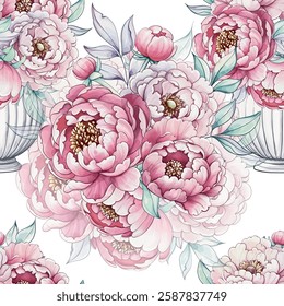 A vibrant display of pink peonies unfurls cheerfully, revealing intricate details against a soft backdrop, celebrating natures artistry seamless pattern, background