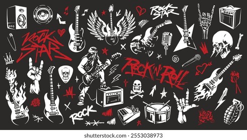 A vibrant display of rock music elements featuring guitars skulls wings microphones and bold text about rock star culture. Perfect for music lovers and fans of the genre.