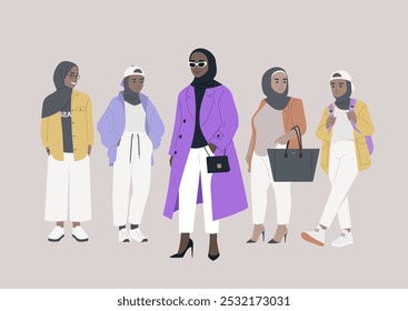 In a vibrant display of self-expression, a confident woman in a striking hijab stands out while surrounded by her friends, each showcasing unique fashion choices in a trendy urban setting