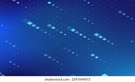 A vibrant display of shades of blue features geometric patterns with squares and rectangles in a dynamic arrangement, evoking a modern and high-tech feel suitable for digital design.