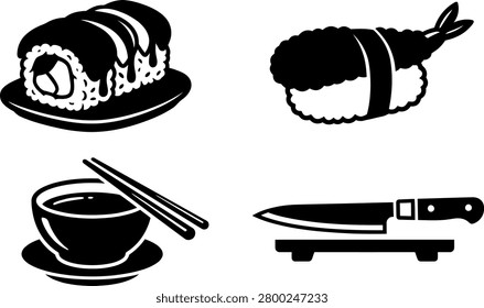 A vibrant display of sushi varieties including rolls, nigiri, and accompanying utensils