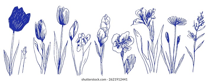 A vibrant display of various whimsical spring flowers sketched in chalk and crayon. The linear doodles capture the essence of Mediterranean gardens, adding a playful touch to the design.