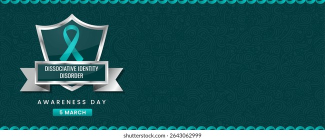 Vibrant Dissociative Identity Disorder Awareness Day Banner with Teal Ribbon on Shield, Featuring Swirl Pattern Background for March 5 Health Campaigns